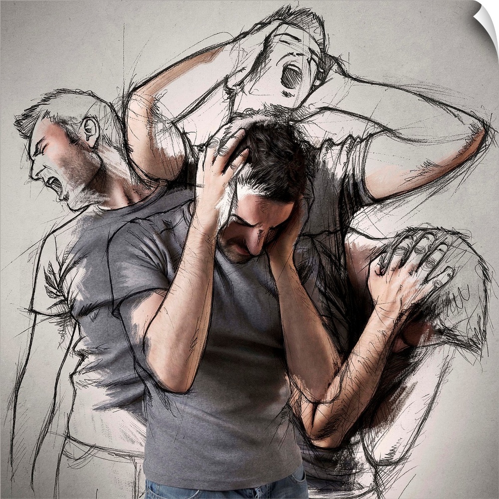 A conceptual photograph of a man grabbing his head as in pain with multiple posses of the same man in an illustrative style.
