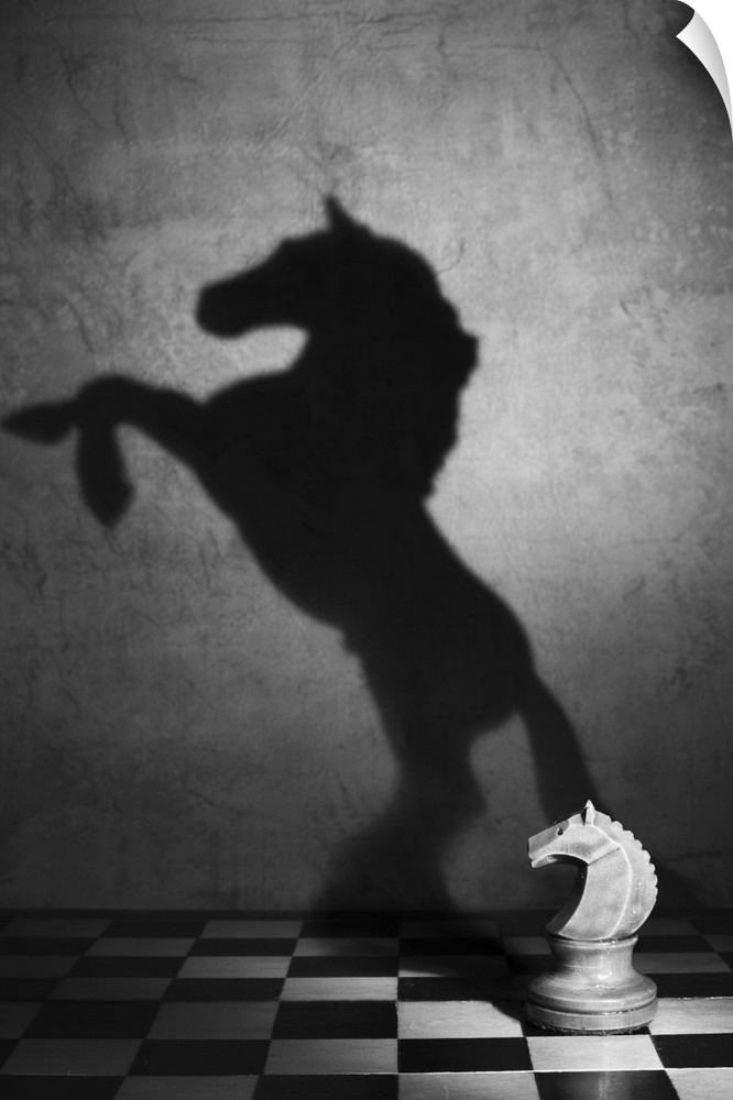 A knight chess piece cast the shadow of a rearing horse onto the wall.