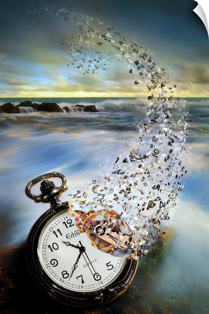 Conceptual photograph of a pocket watch disintegrating over a coastline overlooking the sea.