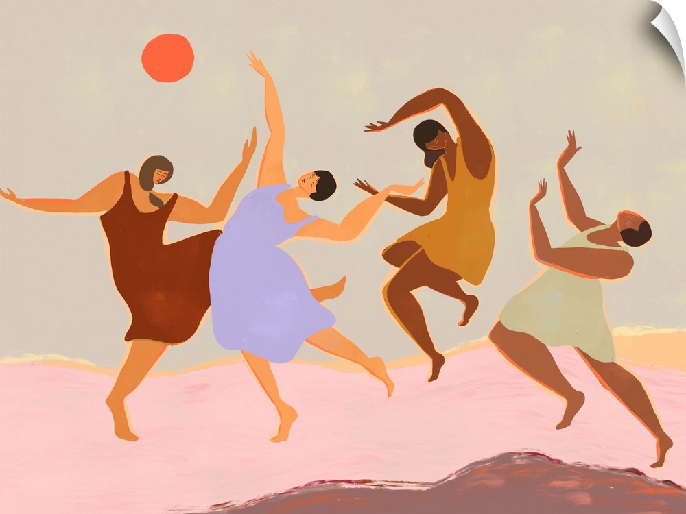 A happy contempoarary illustration of four women dancing and jumbing underneath an orange sun