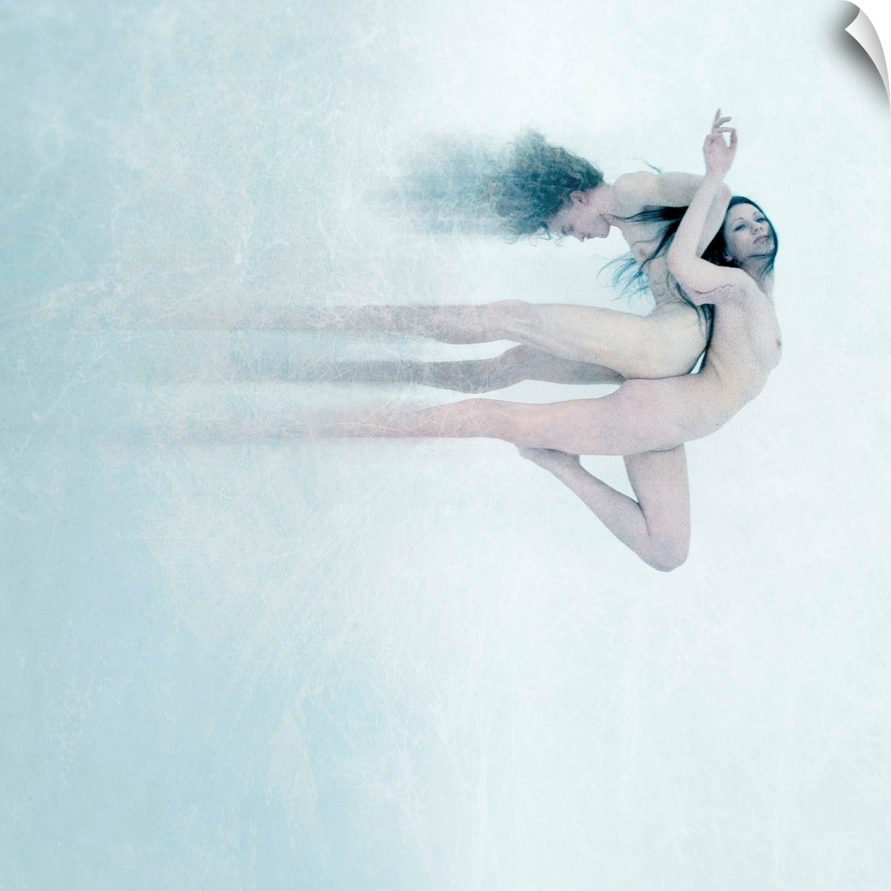 A conceptual photograph of nude male and female back to back against a white background.