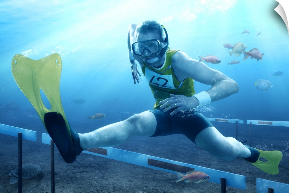 Humorous image of a runner wearing swimfins and a snorkel jumping over hurdles underwater.