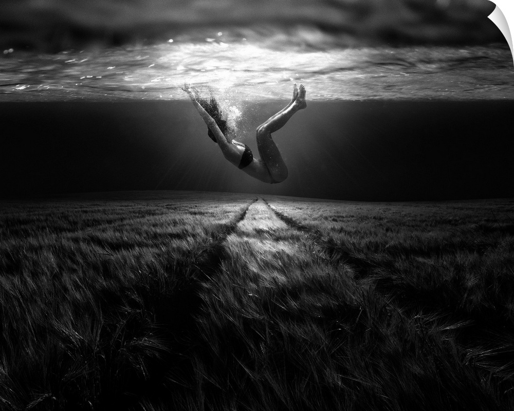 A conceptual photograph of a woman floating under water above a grassy looking field.