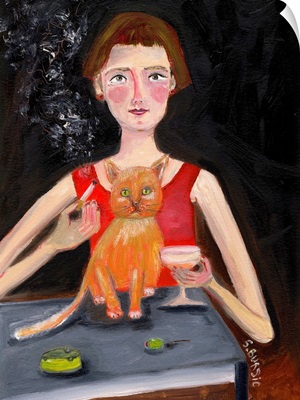 Vintage Woman With Cocktail And Cat