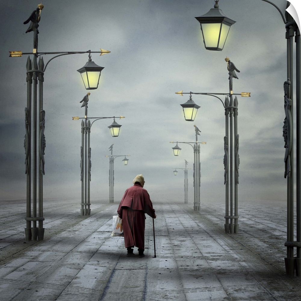 Elderly person walking with a cane down a boardwalk lined with street lamps.