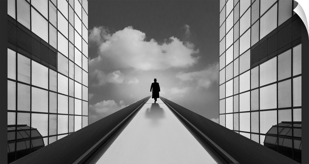 Conceptual image of a figure in a coat walking up a path between two glass bulidings.