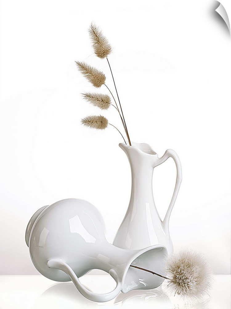 Two white pitchers with puffy flowers on a white background.