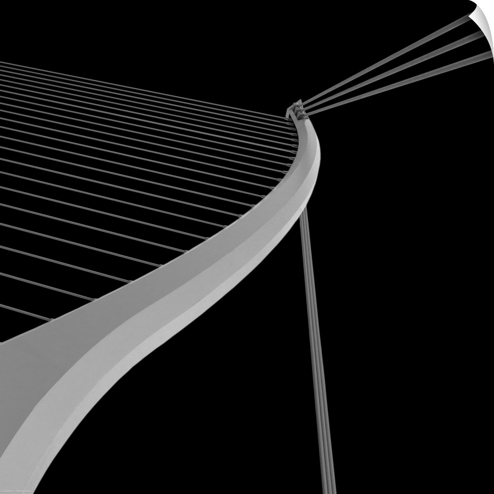Black and white architectural abstract photograph of leading lines on the Samuel Beckett Bridge in Dublin.