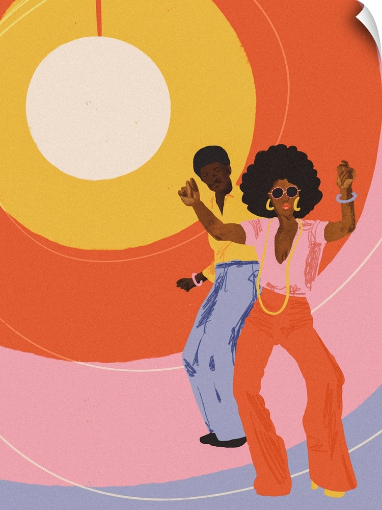 A fun retro style illustration of a stylish couple in 1970's attire dancing in front of a funky colored background