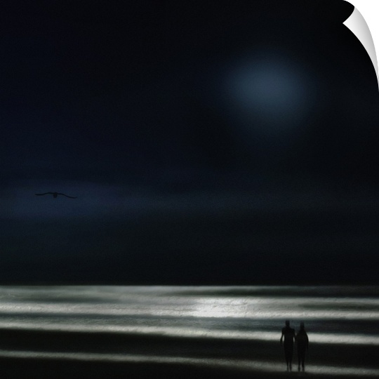 A silhouetted couple walking along a beach at night.