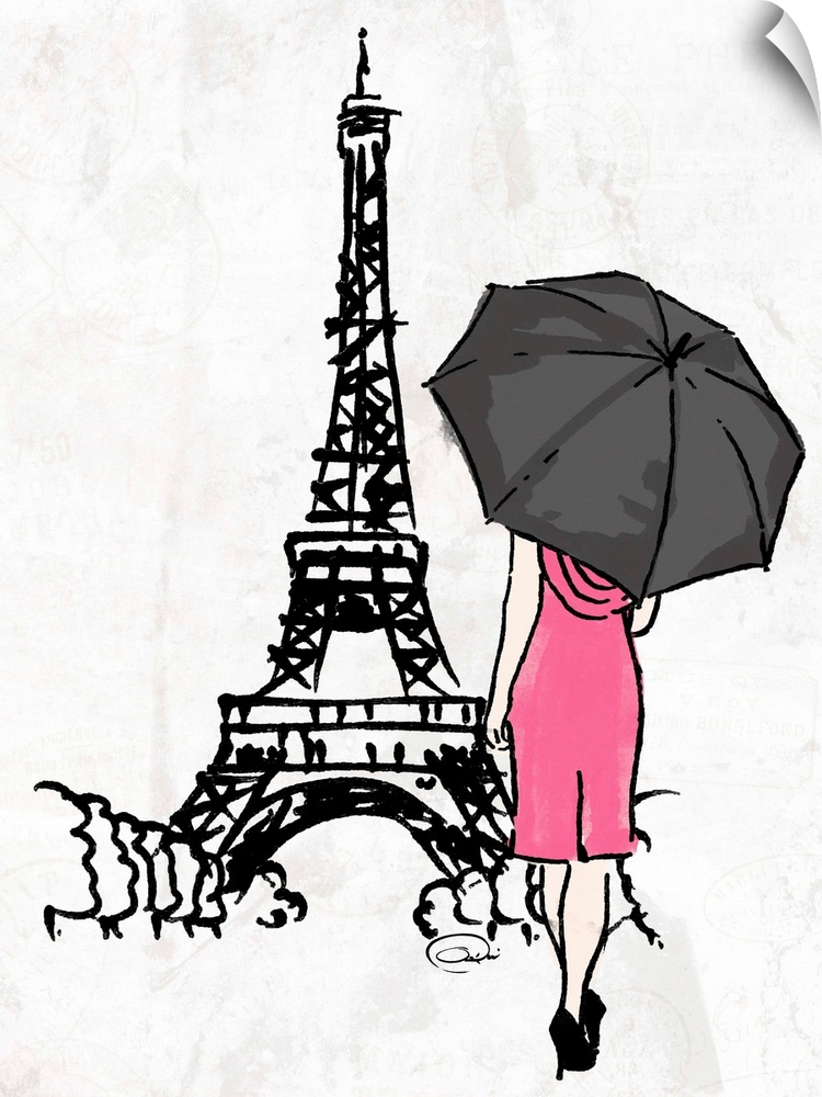 Artwork of a woman in a pink dress under a black umbrella walking toward a famous Parisian monument, against a white backg...