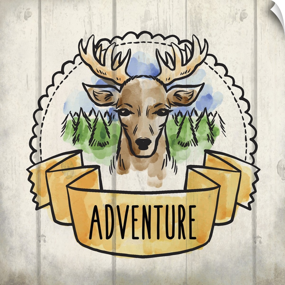 Wanderlust themed design with a banner reading "Adventure" and a deer portrait.
