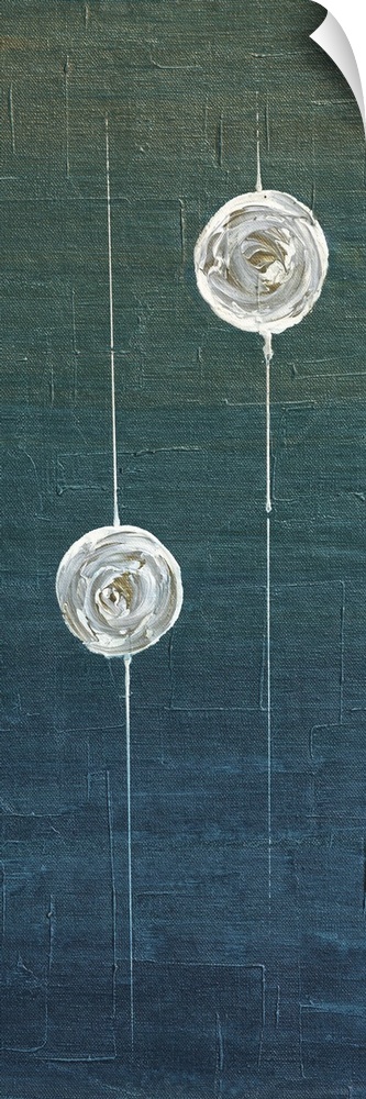 Abstract contemporary artwork of two round white shapes floating on a dark green and blue background.