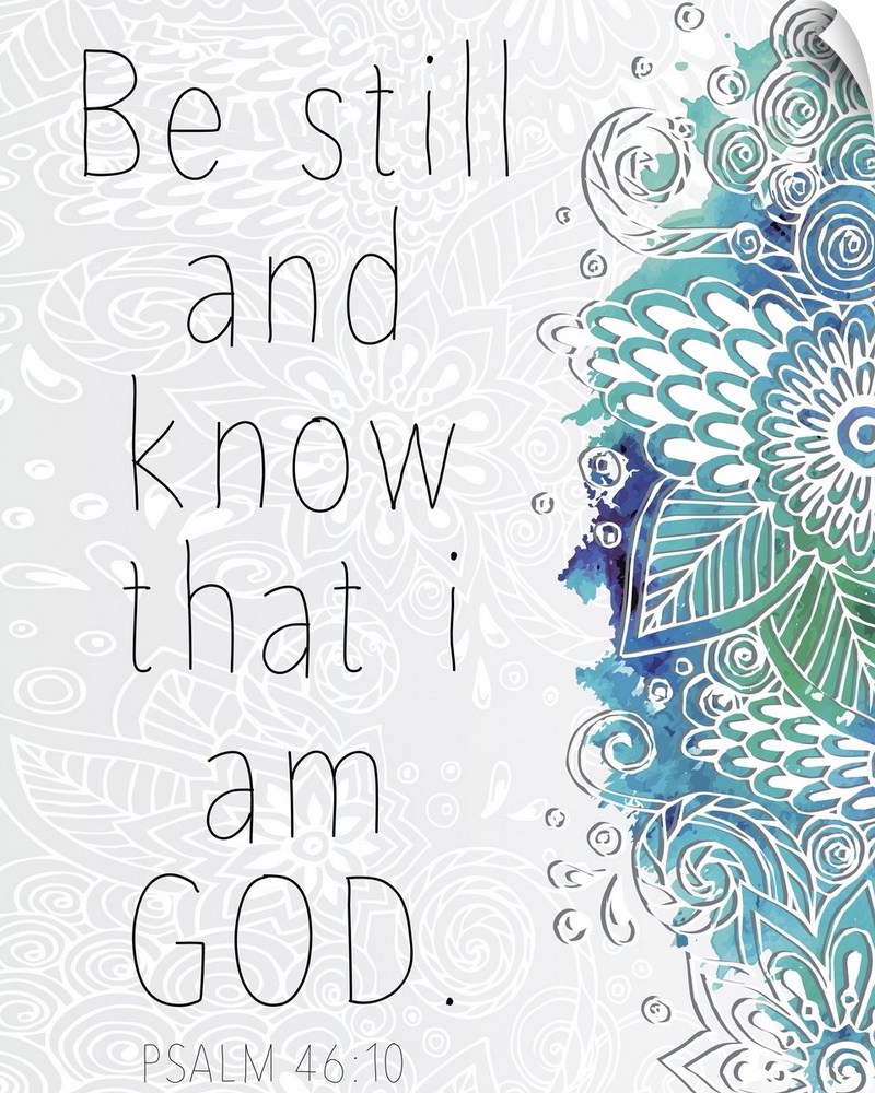 Bible verse Psalm 46:10 with a blue floral design.