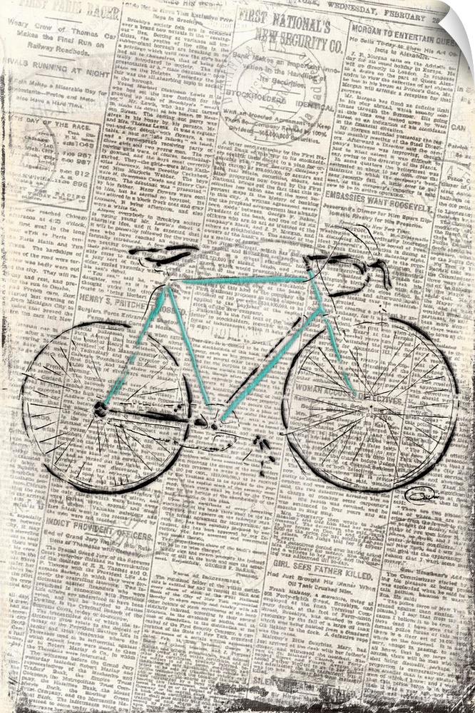 Image of a bicycle on weathered news print.