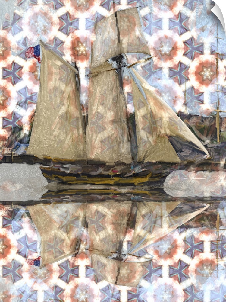Abstract painting of a sailboat with a star pattern on the sky reflecting into the water.