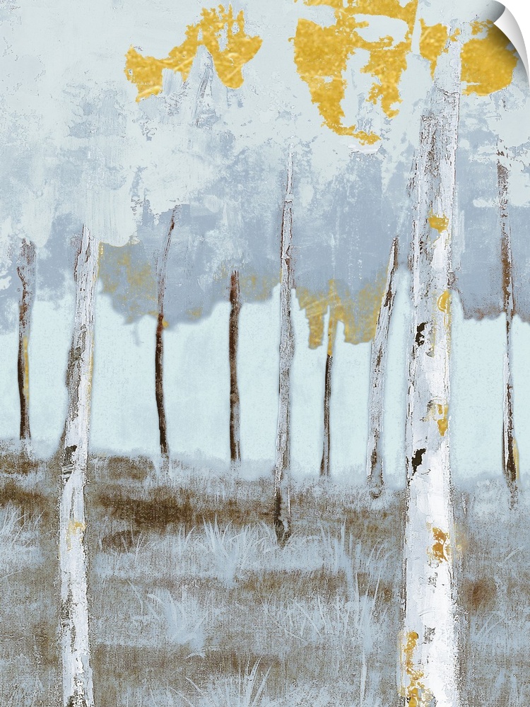 Contemporary painting of a grove of grey birch trees with bright gold leaves.