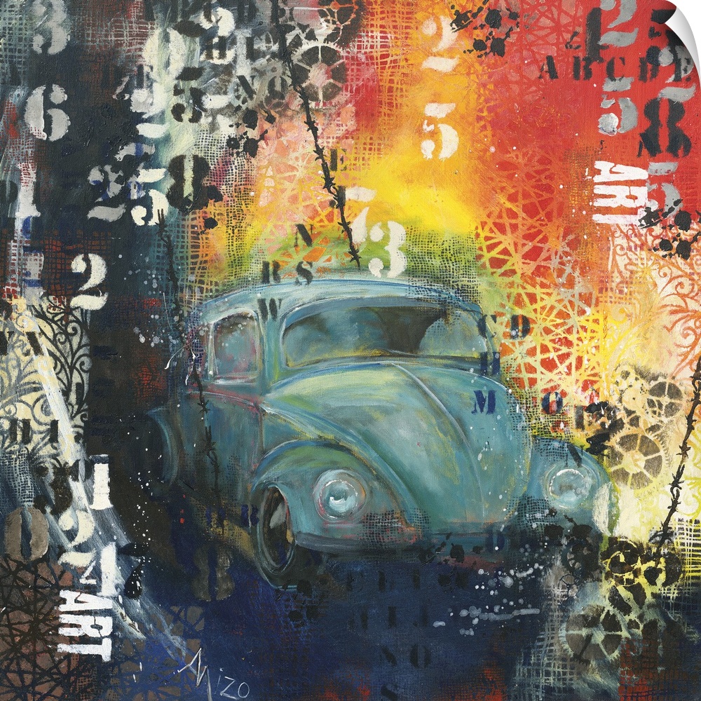 Painting of a blue Volkswagen beetle embellished with paint splatters and stenciled numbers.