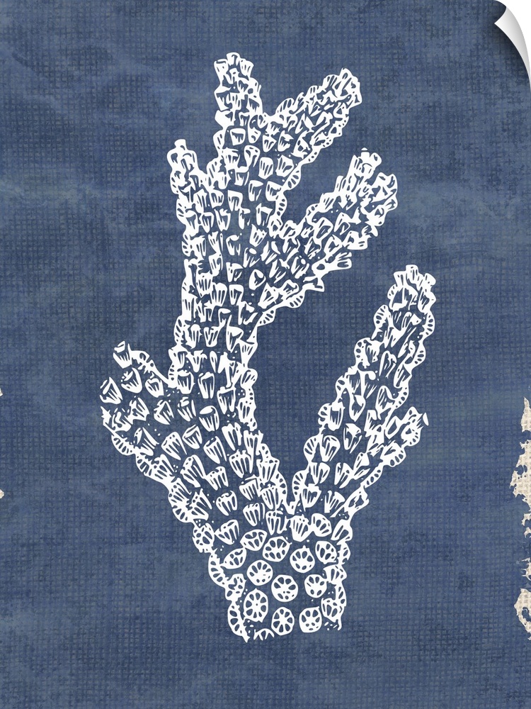 White coral painting on a blue and tan burlap background.