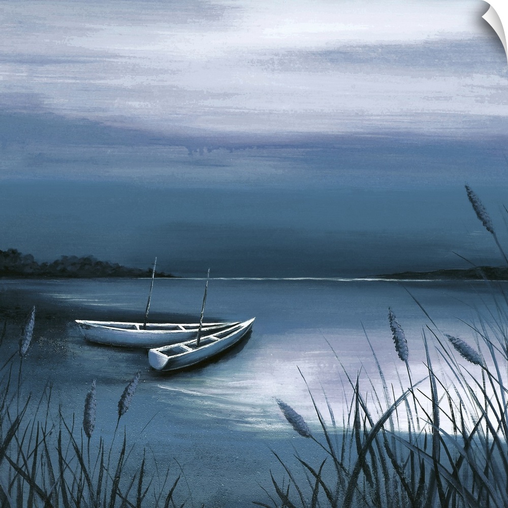 Painting of two wooden boats at the edge of a lagoon in shades of deep blue.