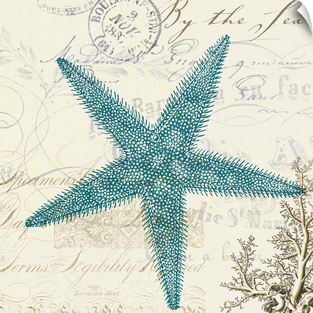 Artwork of a blue starfish against a beige background with a postage stamp and script written on it.