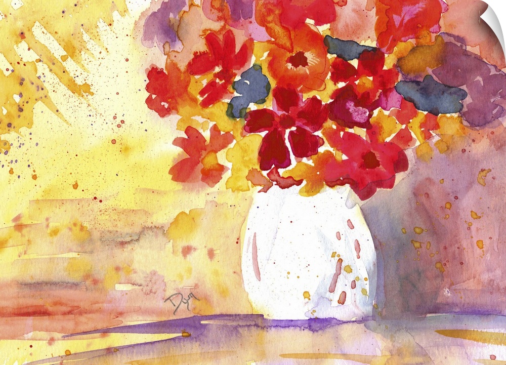 Warm toned watercolor painting of a bouquet of flowers in a vase