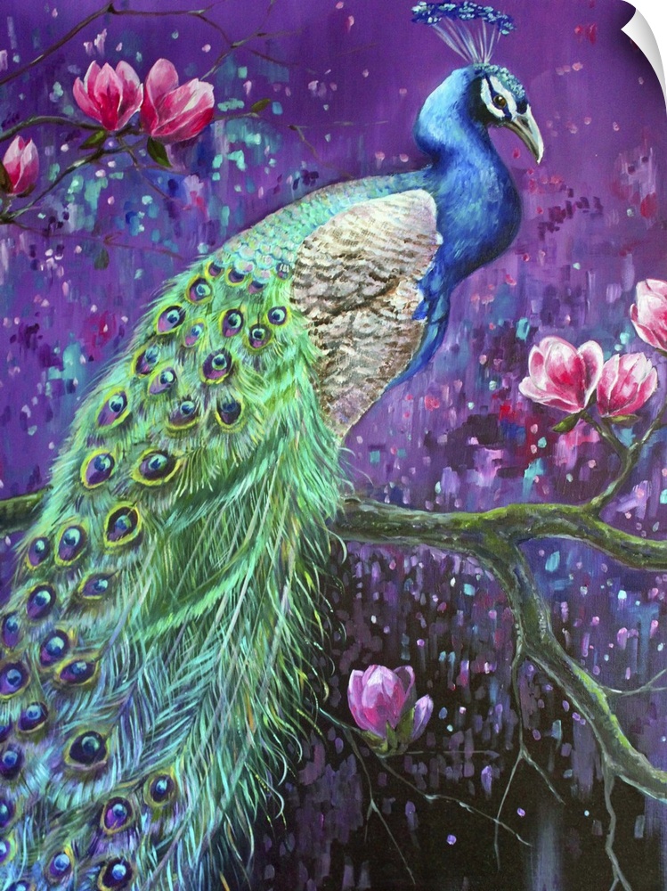 Contemporary vibrant painting of a male peacock perched on a branch against an interstellar background.