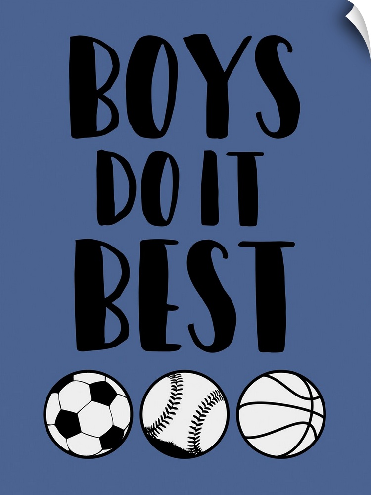 Boy's room themed artwork with a soccer ball, baseball, and basketball design.