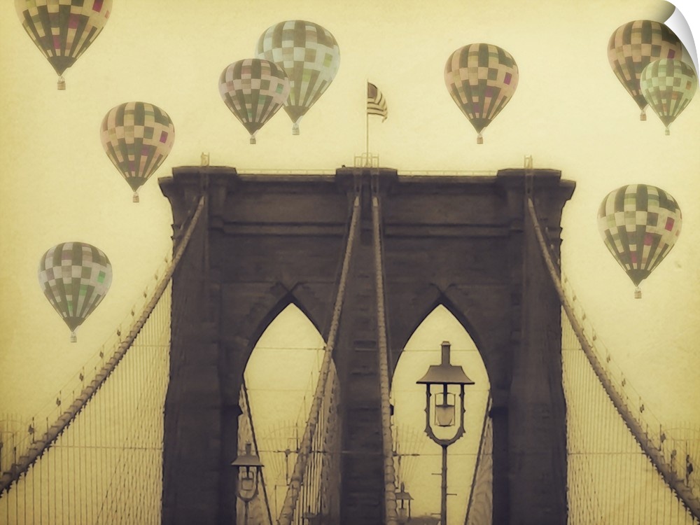 Weathered photograph of the top of the Brooklyn Bridge, with hot air balloons in the background.
