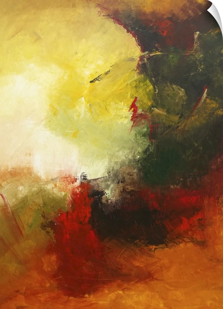 Contemporary abstract painting in vivid red and yellow shades.