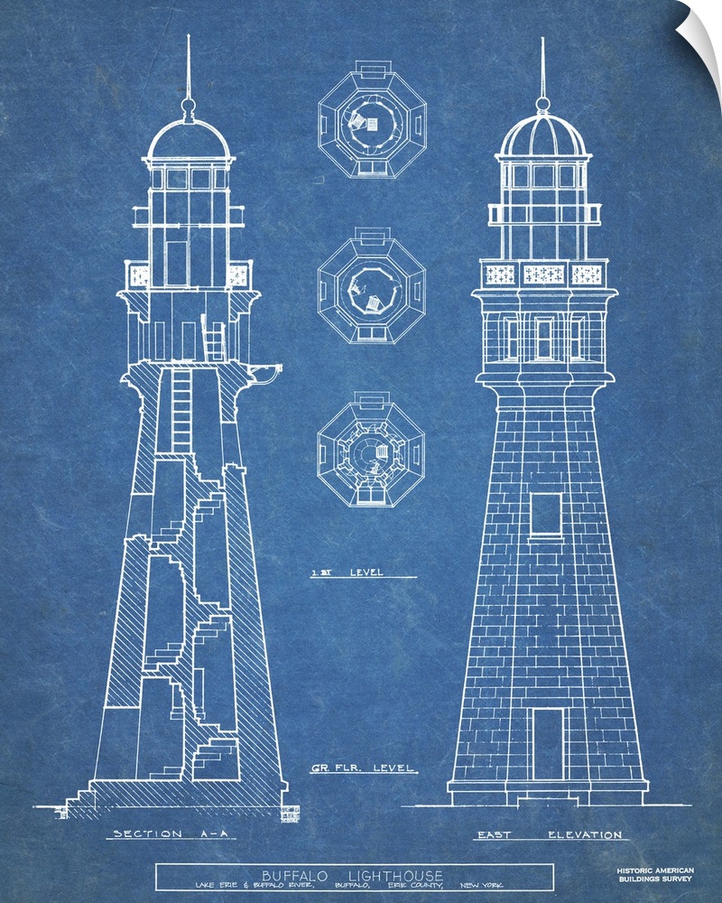 Contemporary artwork in technical blueprint style of Buffalo lighthouse.