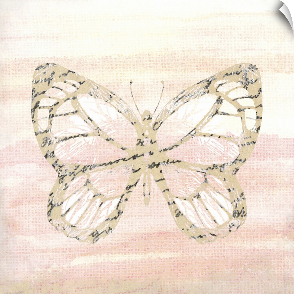 An outline of a butterfly with an overlay of black handwritten text placed on a warm watercolor background.