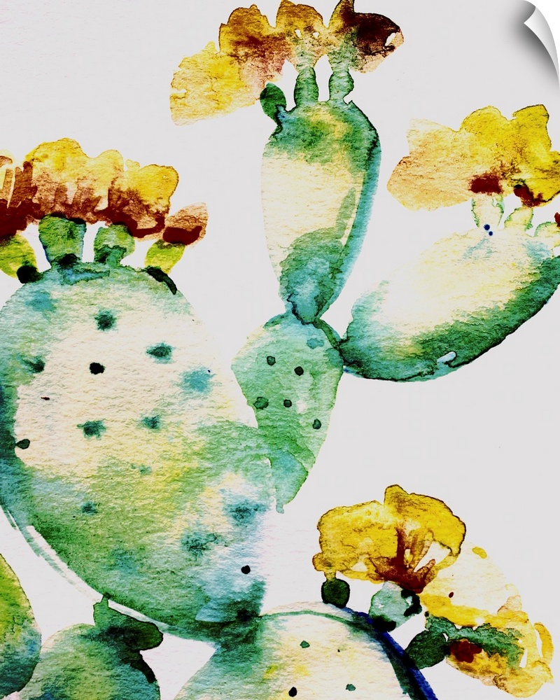 Watercolor painting of a prickly pear cactus close up in shades of green, blue, yellow, and red on a solid white background.