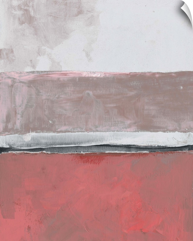 Abstract color block artwork in shades of coral pink and pale grey.