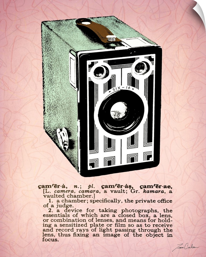 Retro-style illustration of a box camera with the dictionary definition below the image.