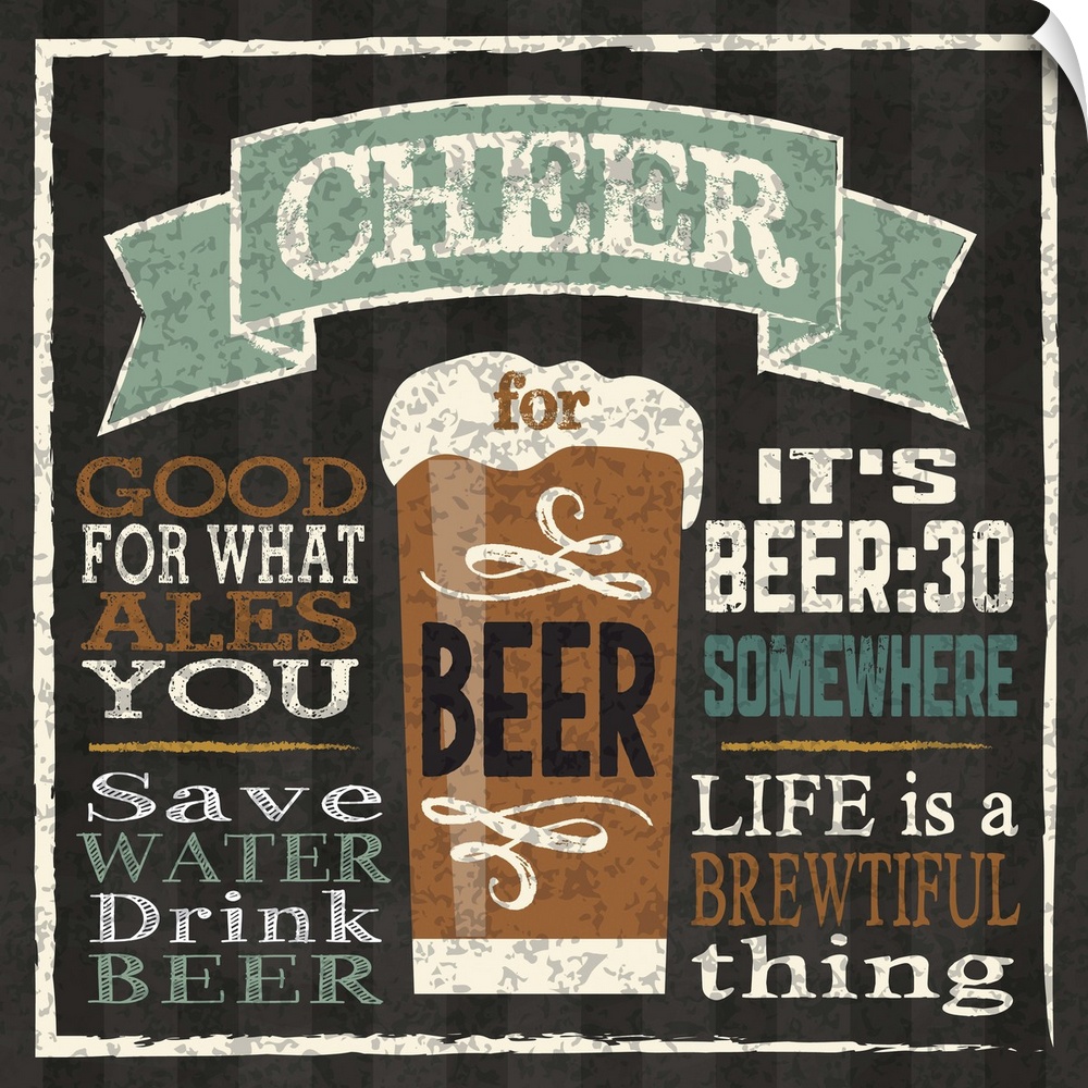 Chalkboard style artwork featuring a  glass of beer and beer-related phrases.