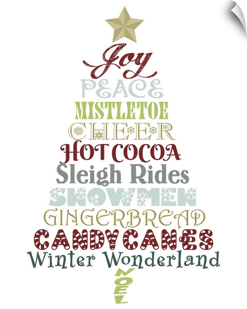 An assortment of lyrics from Christmas songs in different fonts and colors in the shape of a tree.