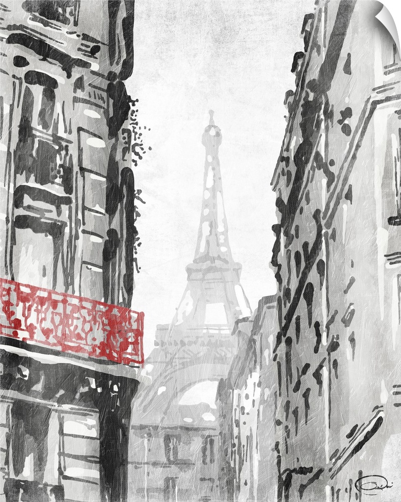 Contemporary travel artwork of a view of the Eiffel Tower in Paris from a city block.