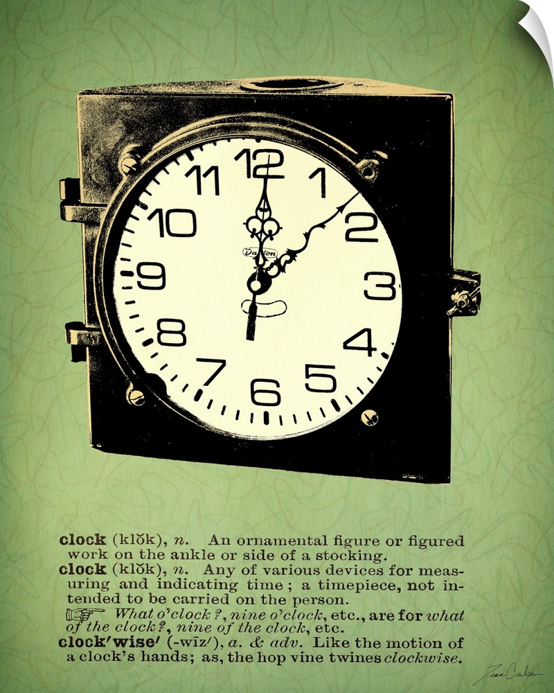 Retro-style illustration of a travel clock with the dictionary definition below the image.