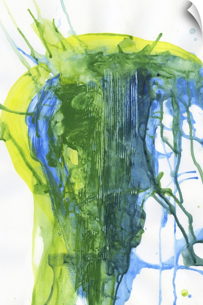 Contemporary abstract painting made of splatters of yellow and blue mixing to create green.
