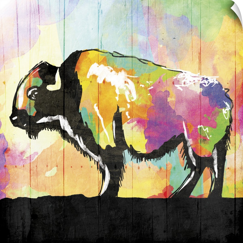 A bright and colorful painting of a buffalo with contrasting black and white hues.