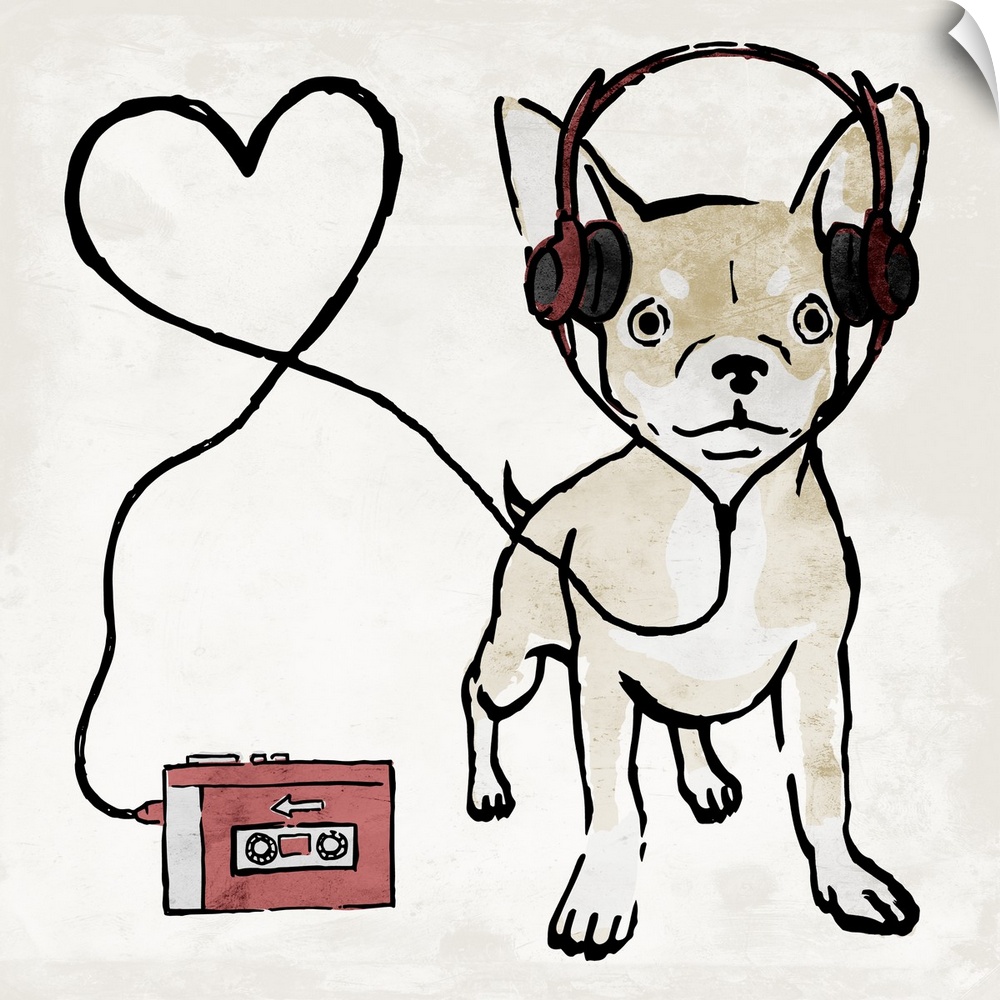 A painting of a chihuahua wearing head phones with the cord making a heart.