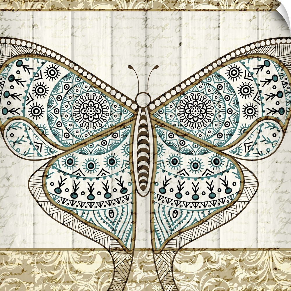 Square art that has a butterfly with intricately designed wings in teal, tan, and brown on a white wood panel background w...