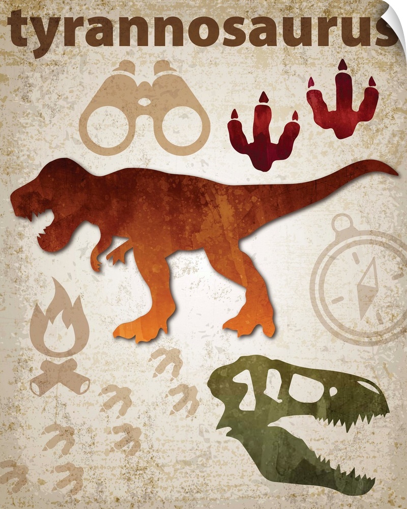 Tyrannosaurus Rex artwork featuring a silhouette with footprints and a skull.