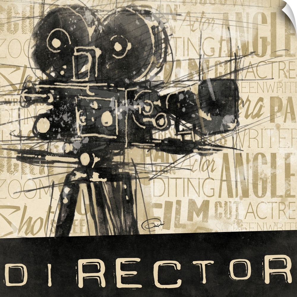 Contemporary artwork with sketch stylized movie camera against a text background. The word "Director " at the bottom of th...