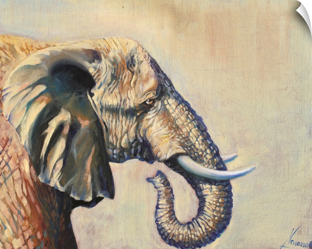 Contemporary paining of an elephant in profile against a pale light brown background.