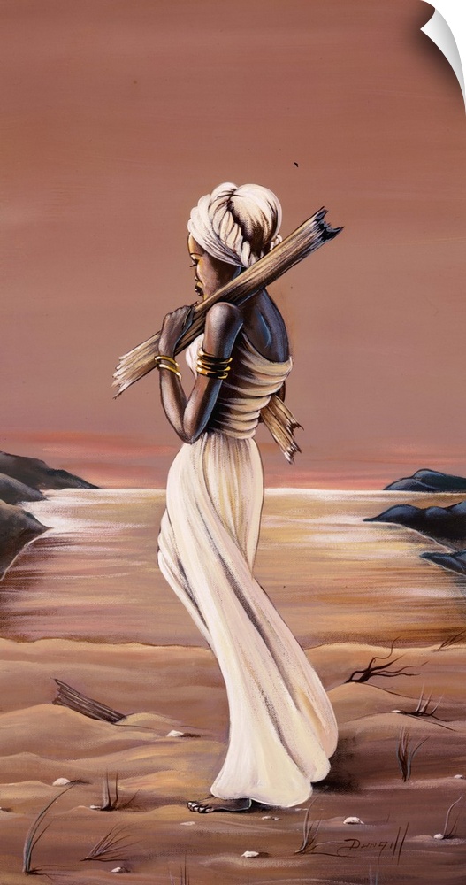 Contemporary African painting of a woman walking along the beach holding a piece of driftwood.