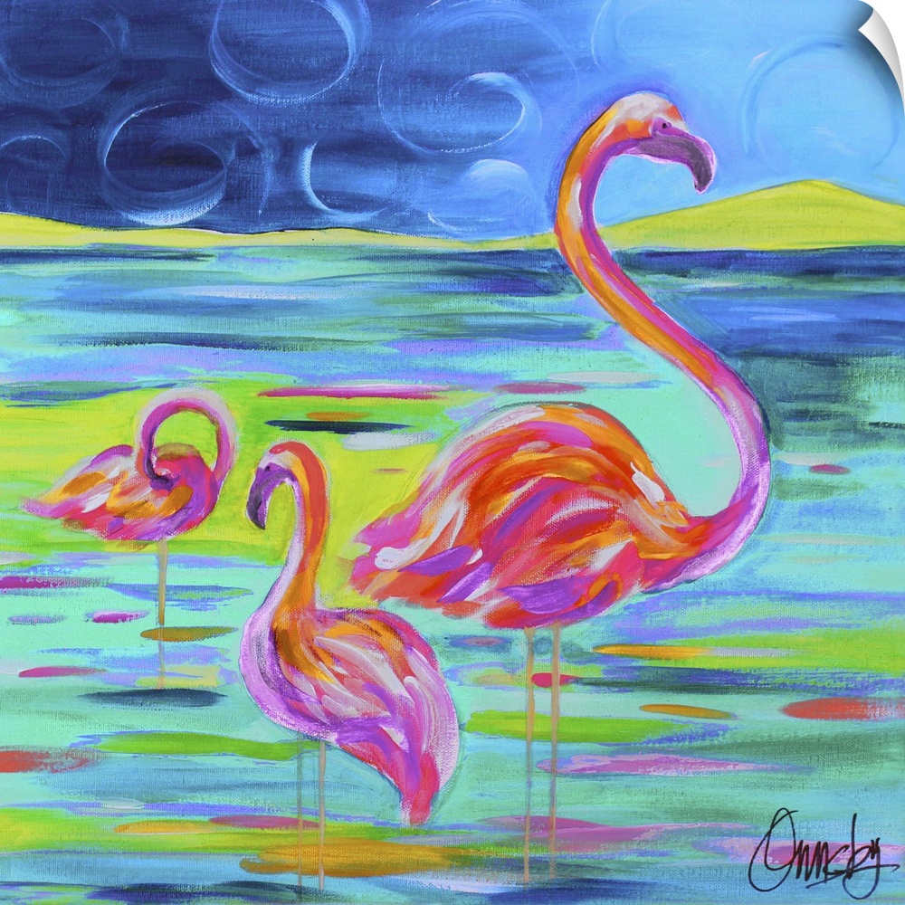 Contemporary painting of a flamingo family standing in water.