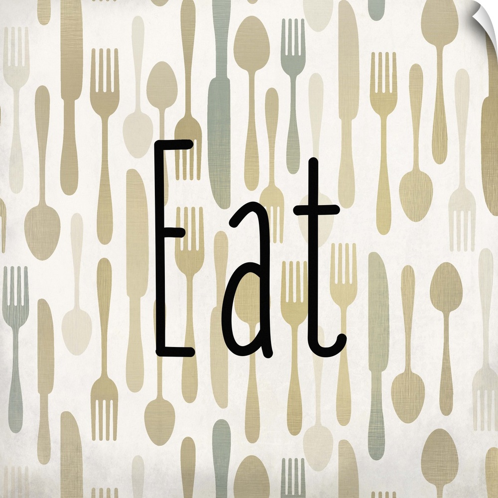 The word Eat in black text over a pattern of forks, spoons, and knives.