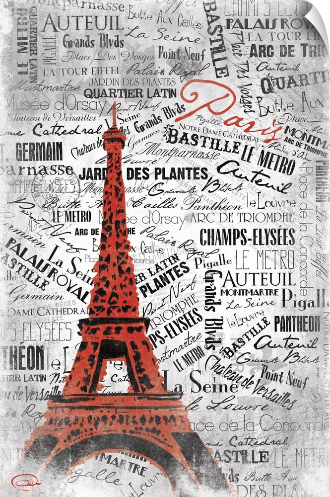 The Eiffel Tower in urban style against layered text background of different locations in Paris.